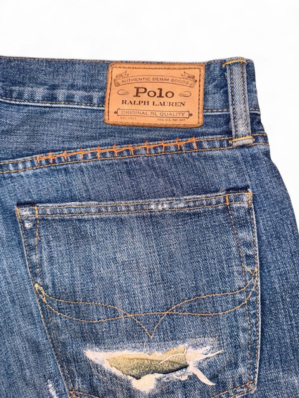 POLO Ralph Lauren Blue Distressed Jeans with Colorful Patchwork 34x30 - Picture 5 of 12
